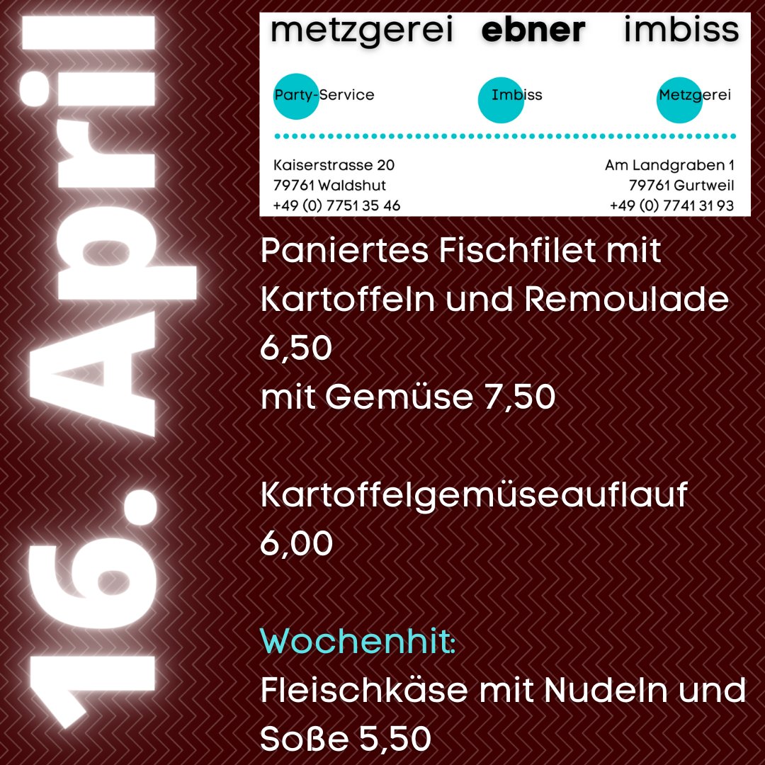 Zum Wochenende das klassische Freitagsmenü.
#ebnermetzgerei #metzgereiebner #metzgereiebnerwaldshut #werbeundfoerderungskreiswt #waldshut #metzger #metzgerei #gurtweil #fleisch #regional #wurst #wurstwaren #catering #imbiss #essen #regionaleinkaufen https://t.co/dM5bDpkOX6