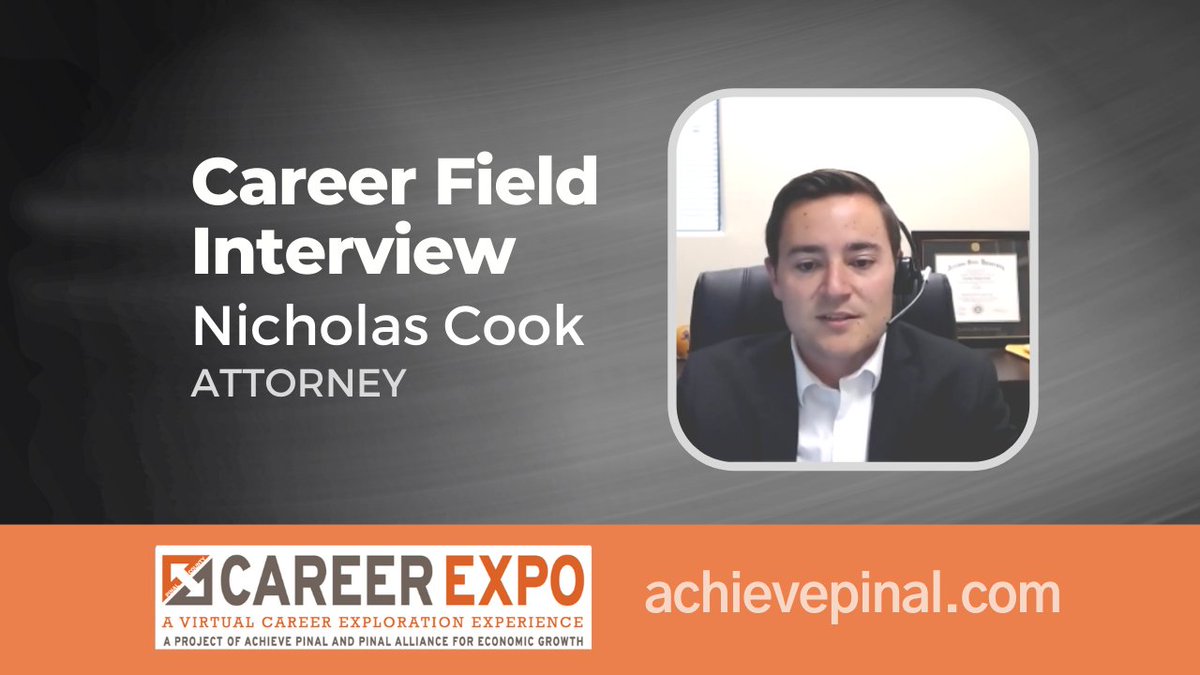 AchievePinal's tweet photo. CAREER EXPO - Our latest career exploration interview is with Nicholas Cook, who is an attorney with Fitzgibbons Law Offices, PLC in #CasaGrande. Video: https://t.co/Y38HdZXduq
#achievepinal #pinalcounty #Go60AZ https://t.co/3MY59Naf3S