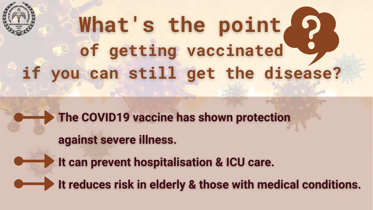 Vaccinated persons who may later get #COVID19  experience milder infection. They can resume routine activities, with standard precautions, after the recommended isolation period.
#WearAMask  
#WashYourHands  
#CovidVaccination 
#OffCMCVellore
