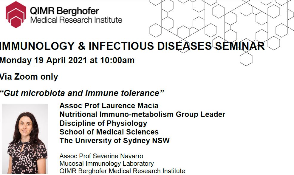 Please join @NavarroSeverine while she hosts A/Prof Laurence Macia for a seminar on 'gut mircrobiota and immune tolerance' on Monday the 19th April via Zoom
Zoom link: qimrberghofer.zoom.us/j/95744599583?…
Password: 603035
#wccnr #immunology #InfectiousDisease #WomenInSTEM