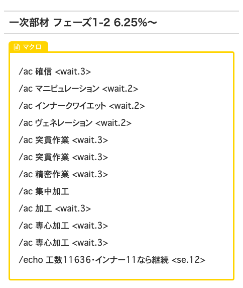 ギャザクラ製作手帳 にこるぜあノート على تويتر 一次部材製作向け 成功率6 25 で一気にフェーズ3まで進める 運ゲーマクロを追記しました マクロ詳細は記事内をご覧ください 一部マクロ化可能 リスプレンデントツール加工部材の製作方法 超高難易度製作