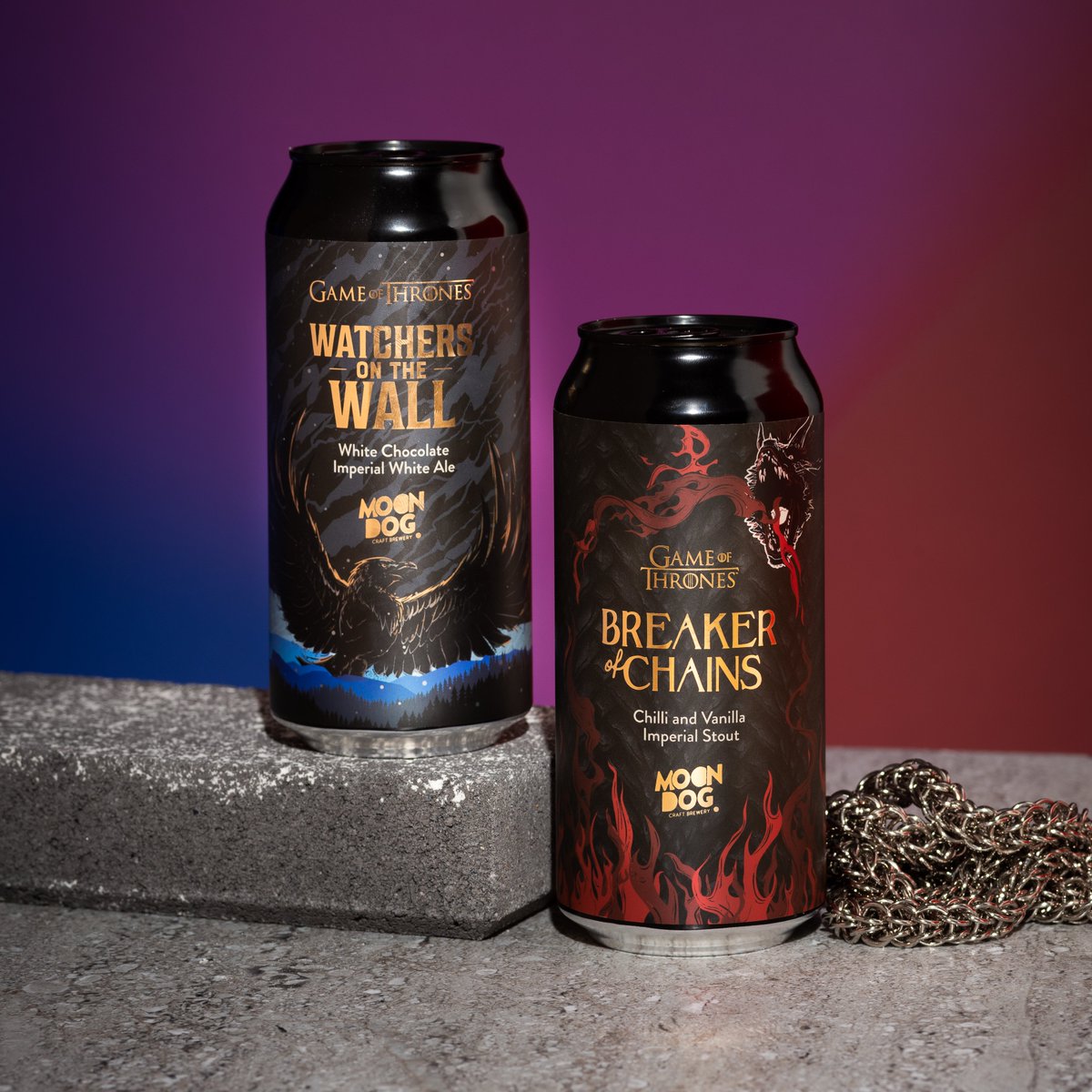 We've brewed two huuuge beers to celebrate the Iron Anniversary of 'Game of Thrones'! Say hello to Breaker of Chains Chilli and Vanilla Imperial Stout and Watchers on the Wall White Chocolate Imperial White Ale! Best enjoyed on the Iron Throne! bitly.com/MoonDogStore