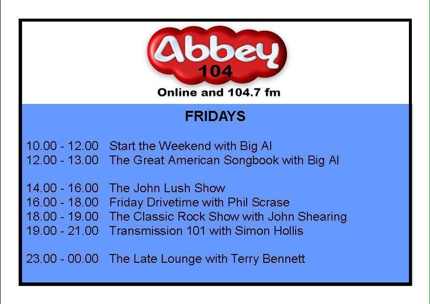 It’s a Jam packed day here on this lovely sunny spring Friday, lots of great Shows to enjoy. Finish your week &amp; start your weekend listening to your very own community radio station. Broadcasting locally &amp; around the world online abbey104.com 
Remember Stay Safe 👍