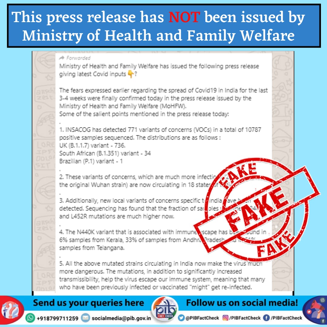 Pib In Tamil Nadu A Message Circulating On Whatsapp Enumerating Several Covid19 Related Inputs Is Falsely Claiming To Be A Press Release Put Out By The Ministry Of Health