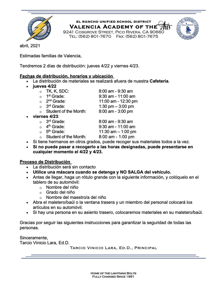 Hello Valencia families!   On Thursday April 22, and Friday, April 23, we will be distributing materials outside our cafeteria for all grades.  Thank you!