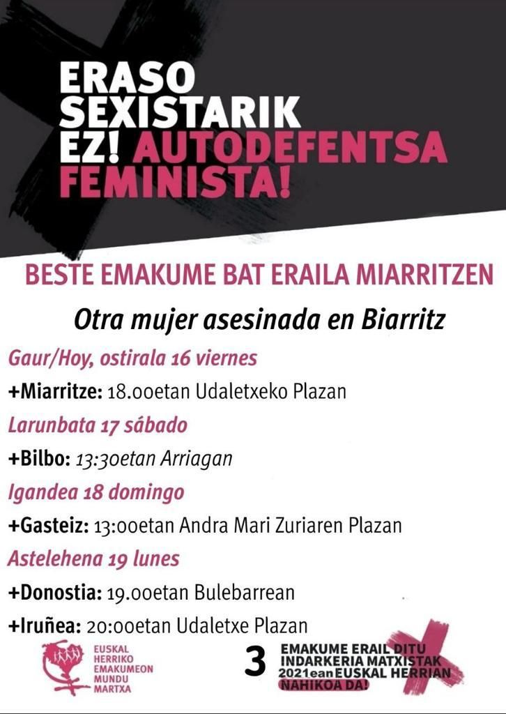 EHGFeministak's tweet photo. 😡Gizon batek emakume bat erail du Miarritzen. 
Urte honetan Euskal Herrian eraildako 3.emakumea. Nazkatuta gaude! 

Neska* gazteok ez dugu indarkeria matxistarik onartuko! Indarkeria matxistaren aurrean kolektiboki autodefentsa feministaz erantzungo dugu! 

[ADI MOBILIZAZIOEI] https://t.co/7ZZQq4CKWt