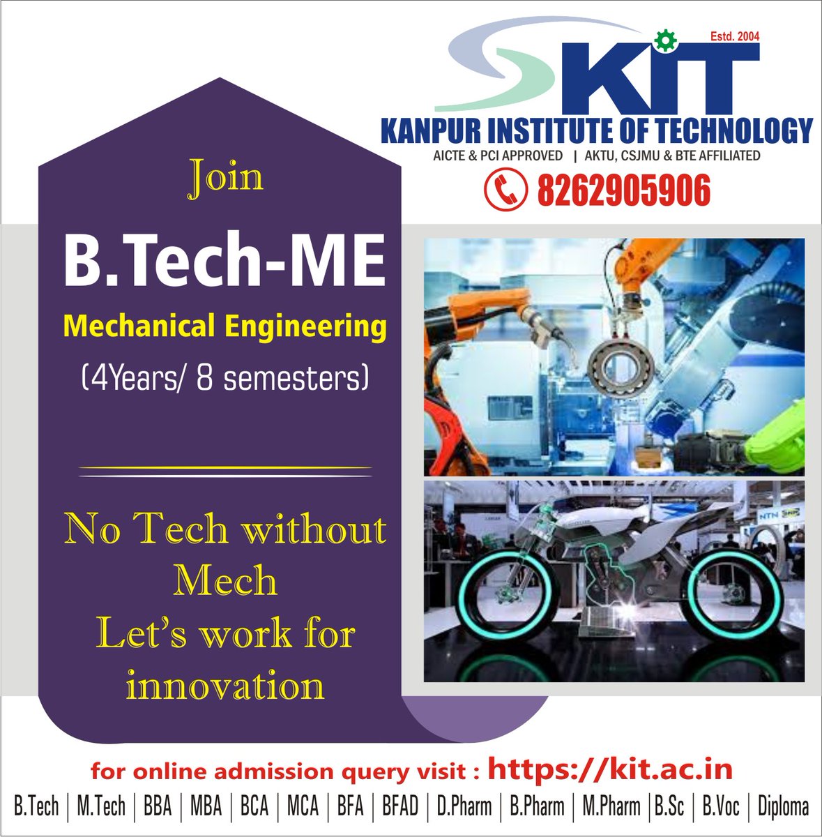 KIT_Kanpur's tweet photo. #Btech #ME #Mechanical Engineering #Engineer #Career #CourseAtKit #KIT #Kanpur #No.1 Institute
Join https://t.co/HOOXBdyv8i ME
Admissions Open for Session 2021-22
For more details on courses Call / WhatsApp at 8262905906
Visit us at https://t.co/EhckpjdBSx
Facebook: kit165 https://t.co/wbQO3soRSM