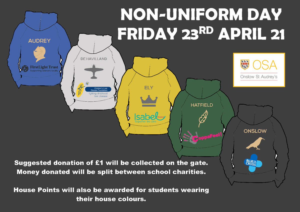 NON-UNIFORM DAY - FRIDAY 23RD APRIL 21
#TeamOSA #Charity #NonUniform 
<a href="/FirstLightTrust/">FirstLight Trust</a> <a href="/CoppaFeelPeople/">CoppaFeel!</a> <a href="/The_Blue_Cross/">Blue Cross UK</a> <a href="/IsabelHospice/">Isabel Hospice</a> <a href="/tweetcldf/">CLDF</a>
