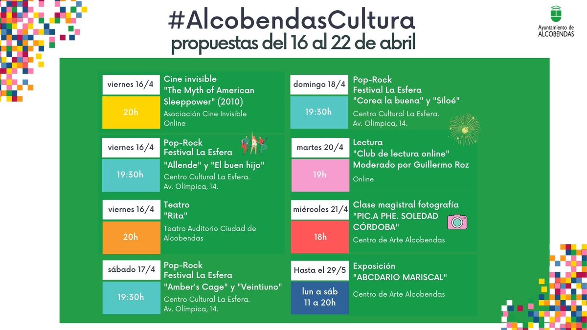 😎 ¡Cómo nos gusta rellenar la agenda cultural de #Alcobendas!

⬇️ Estas son algunas de las actividades culturales que podréis disfrutar en nuestra ciudad los próximos días.

#AlcobendasCultura #AgendaCultural #ActividadesCulturales #CulturaSegura #Cultura