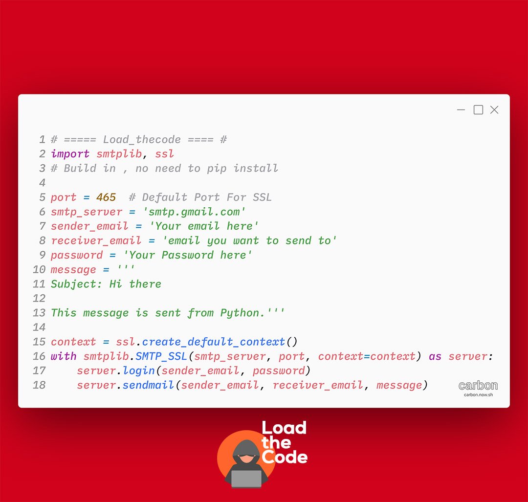 load_thecode's tweet image. #automate emails using #Python3 !
Have a great day!

#100daysofcode
#100daysofcodechallenge #Python #pythonlearning #Coding
#DEVCommunity #Developer
#pythondeveloper #datastructure
#programmers #pythonprogramming