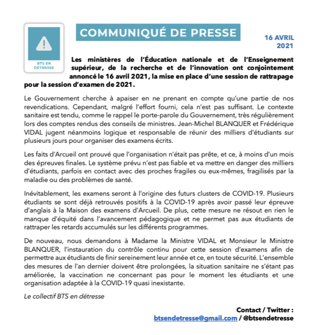 btsendetresse's tweet photo. 🛑#BTSCONTROLECONTINU

En réponse au communiqué de presse de @education_gouv et de @sup_recherche ⤵️

Le contrôle continu doit être instauré pour permettre le rattrapage des retards de programmes et une équité nécessaire entre les étudiants, pour qu'aucun ne soit lésé. ❗️ https://t.co/4TWRsXz37g