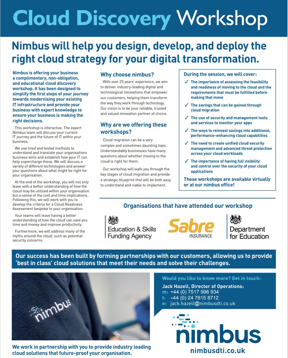 nimbusdti's tweet image. Nimbus are excited to share with you, our Cloud Discovery Workshops!

Nimbus are offering your business a complimentary, non-obligation, and educational cloud discovery workshop.

#business #cloud #innovation #infrastructure #digitaltransformation