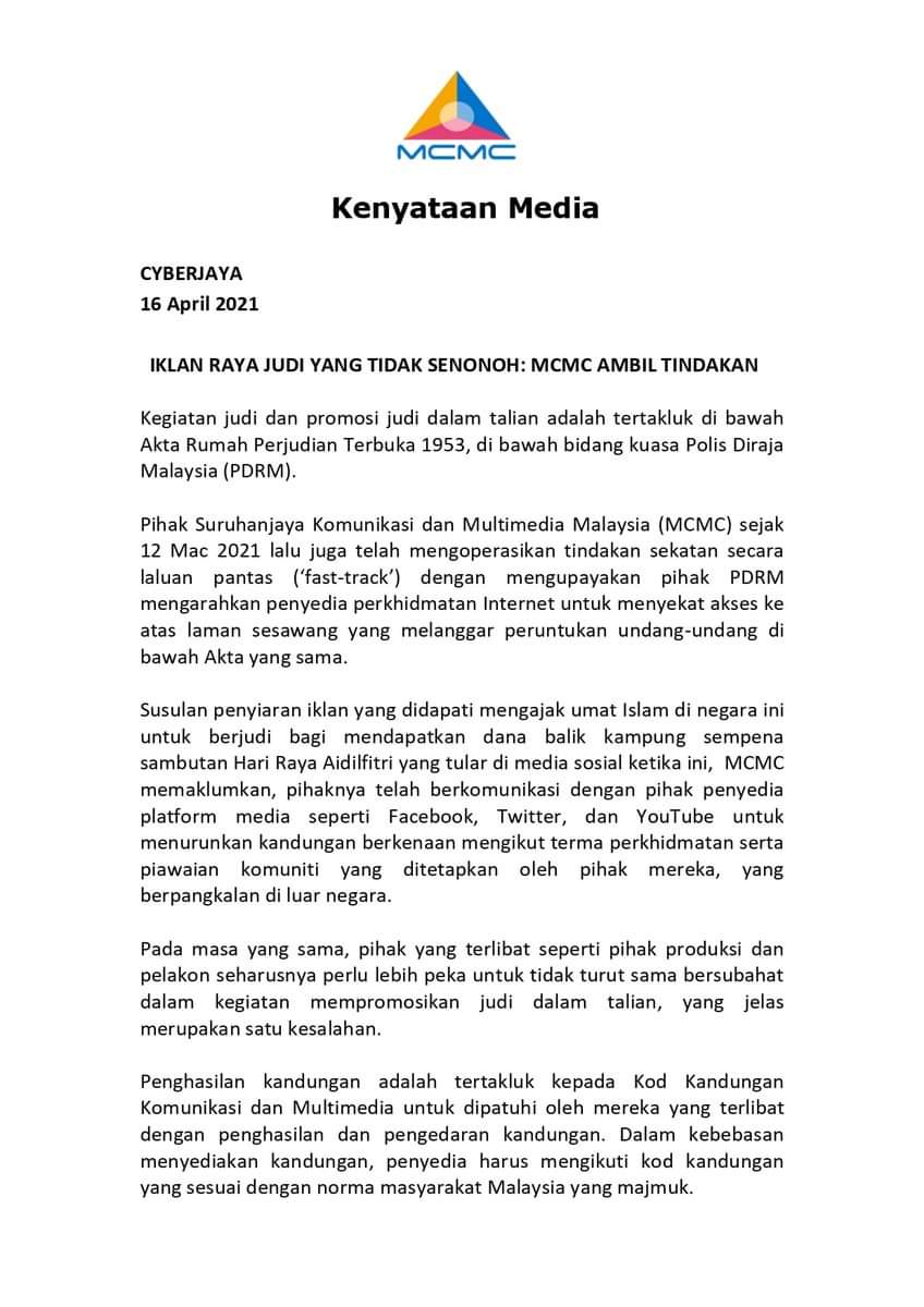Bfm News On Twitter 1 Bukit Aman Is Investigating A Hari Raya Themed Video That Reportedly Promotes Online Gambling The Video Shows A Cast In Traditional Malay Clothing With A Character Who Doesn T