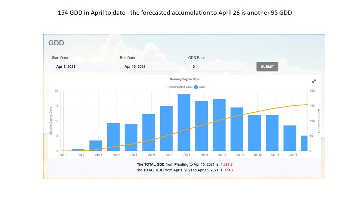 We have accum 154 GDD in April so far,  next 10 days is forecasted to accum 95, this crop will slow up a bit might even change color. Most importantly the next 7 night time temps are not very supportive of herbicide apps especially with multiple tank mix partners be cautious.
