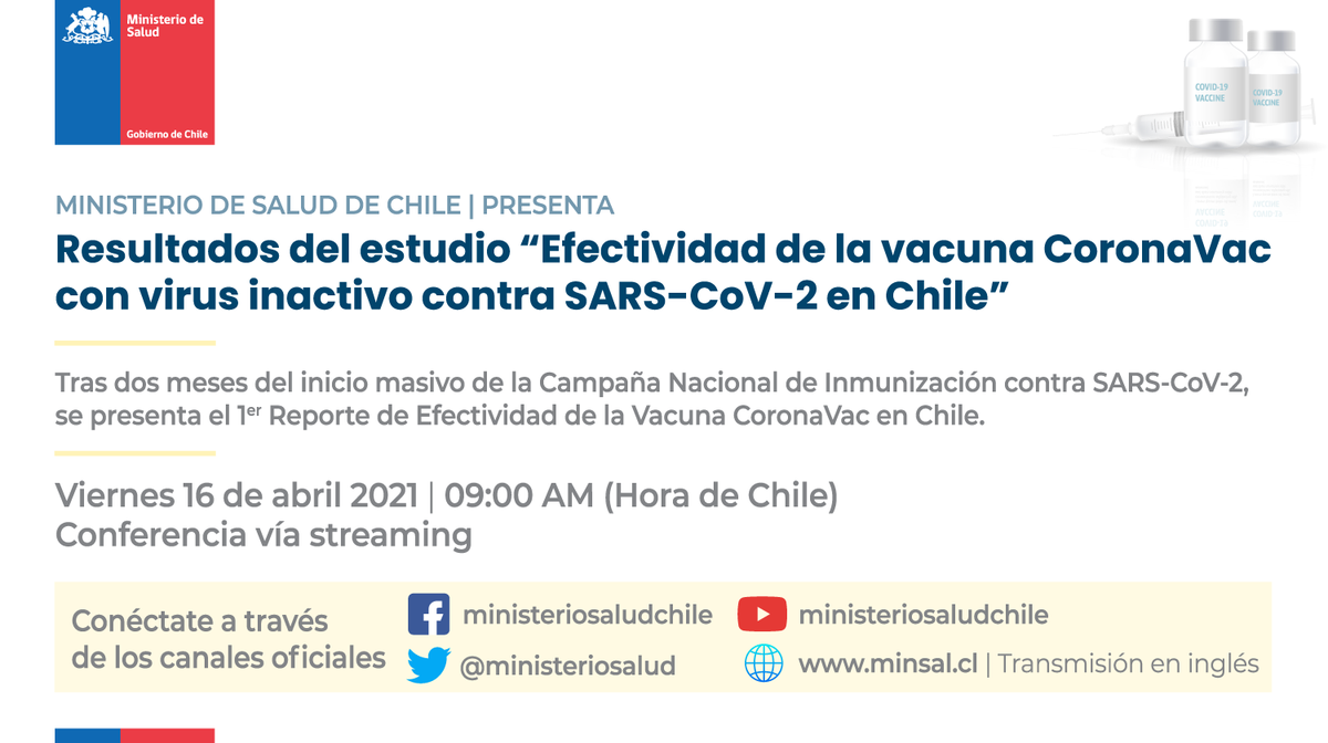 ¡Es hoy!

Desde las 09:00 hrs. (10:00 Magallanes - 13:00 GMT) se presentará el 1er Reporte del estudio "Efectividad de la vacuna CoronaVac con virus inactivado contra SARS-CoV-2 en Chile".

Sigue la transmisión en nuestras redes sociales y en inglés en minsal.cl