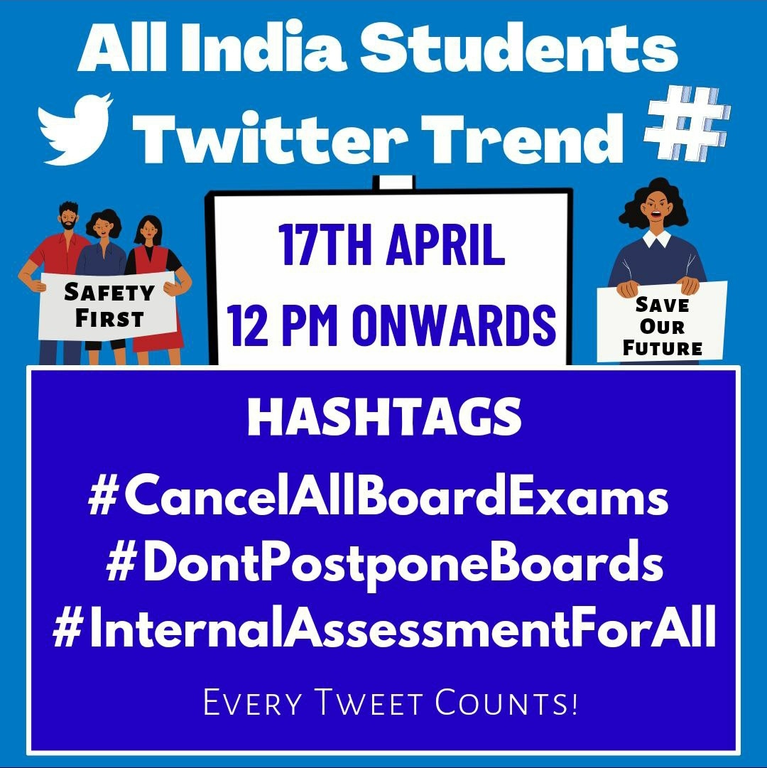 cryptohush5's tweet photo. This Saturday 17th April | 12 PM Onwards
Spread the word!
#CancelAllBoardExams
#DontPostpone 
#InternalAssessmentForAll https://t.co/k9mibh4V0a