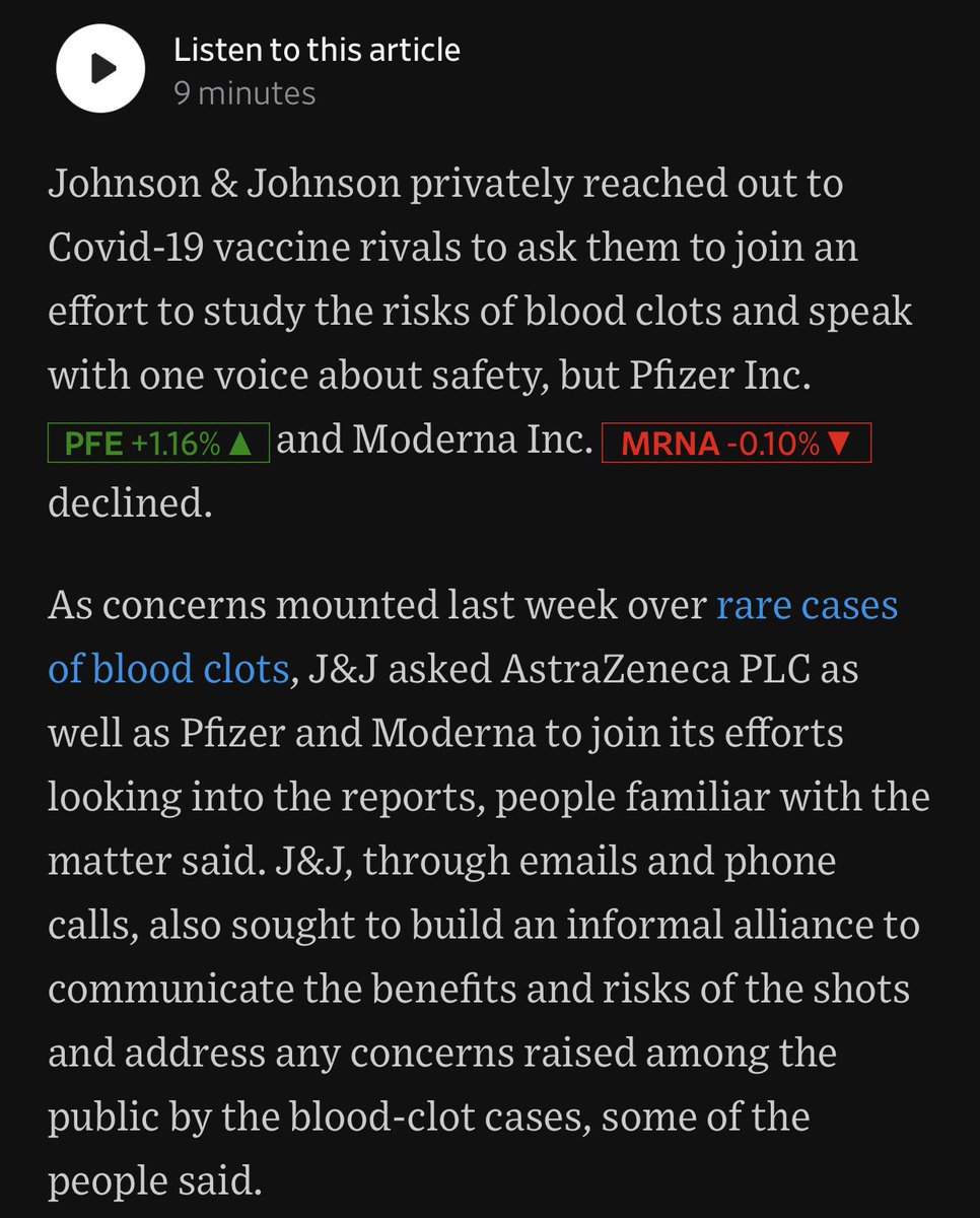 moneyacademyKE's tweet photo. Johnson &amp; Johnson privately reached out to Covid-19 rivals to ask them to join an effort to study the risks of blood clots and speak with one voice on safety but Pfizer and Moderna declined, AstraZeneca accepted.

— WSJ https://t.co/bCwMFwJZCZ