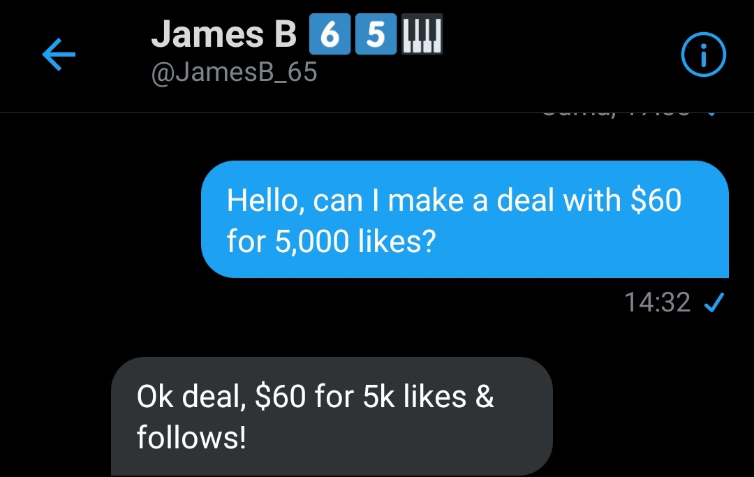Hi, we've obtained a deal with <a href="/JamesB_65/">Tito James 6️⃣5️⃣🎹</a> who will send $60 for  Lisa in return for 5,000 likes &amp; follow! Could you please do the following to help us;

✅ Like this tweet
✅ Follow <a href="/JamesB_65/">Tito James 6️⃣5️⃣🎹</a> 

Thank you!