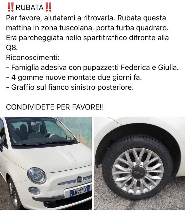 tulipesel's tweet photo. IO CI PROVO:
Questa mattina mi hanno rubato la macchina chiedo a chi è di Roma Sud se la trova di scrivermi in dm.
#Roma #Lazio #Tuscolana #Macchina500 #Fiat #MACCHINA #RUBATA
Vi prego di rt https://t.co/iKY6JWjHrX