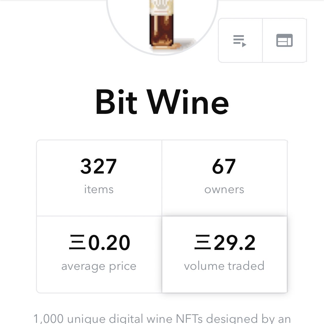 Humbled. Thank you to all of our <a href="/bitwine_eth/">BitWine</a> collectors ♥️🍷

- Trending on <a href="/opensea/">OpenSea</a> after 7 days
- 29.2 ETH traded ($70K USD)
- Genesis sale 16 ETH
- 67 collectors ♥️
- 327/1000 wines minted 
- 500+ cellar rats in the discord discord.gg/VwqBdjK5V6

opensea.io/collection/bit…