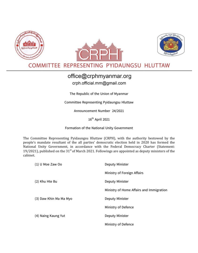 cape_diamond's tweet photo. #BREAKING @CRPH announce the formation of a new National Unity Government (NUG) — Aung San Suu Kyi still position the State Counsellor of the country.

@DrSasa22222 said the formation of NUG is the dawn of a new era for the people of #Myanmar.

#WhatsHappeningInMyanmar #BurmaCoup https://t.co/unmuaXfFbs