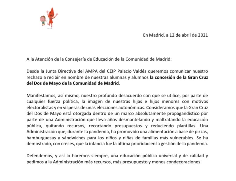 ampalaciovaldes's tweet photo. Desde el AMPA del CEIP Palacio Valdes (Madrid) rechazamos, en nombre de nuestras niñas y niños, recibir la Gran Cruz de la Comunidad de Madrid. Consideramos que es un acto propagandístico y con fines electoralistas en vísperas de elecciones. https://t.co/NmWeZEBPDJ