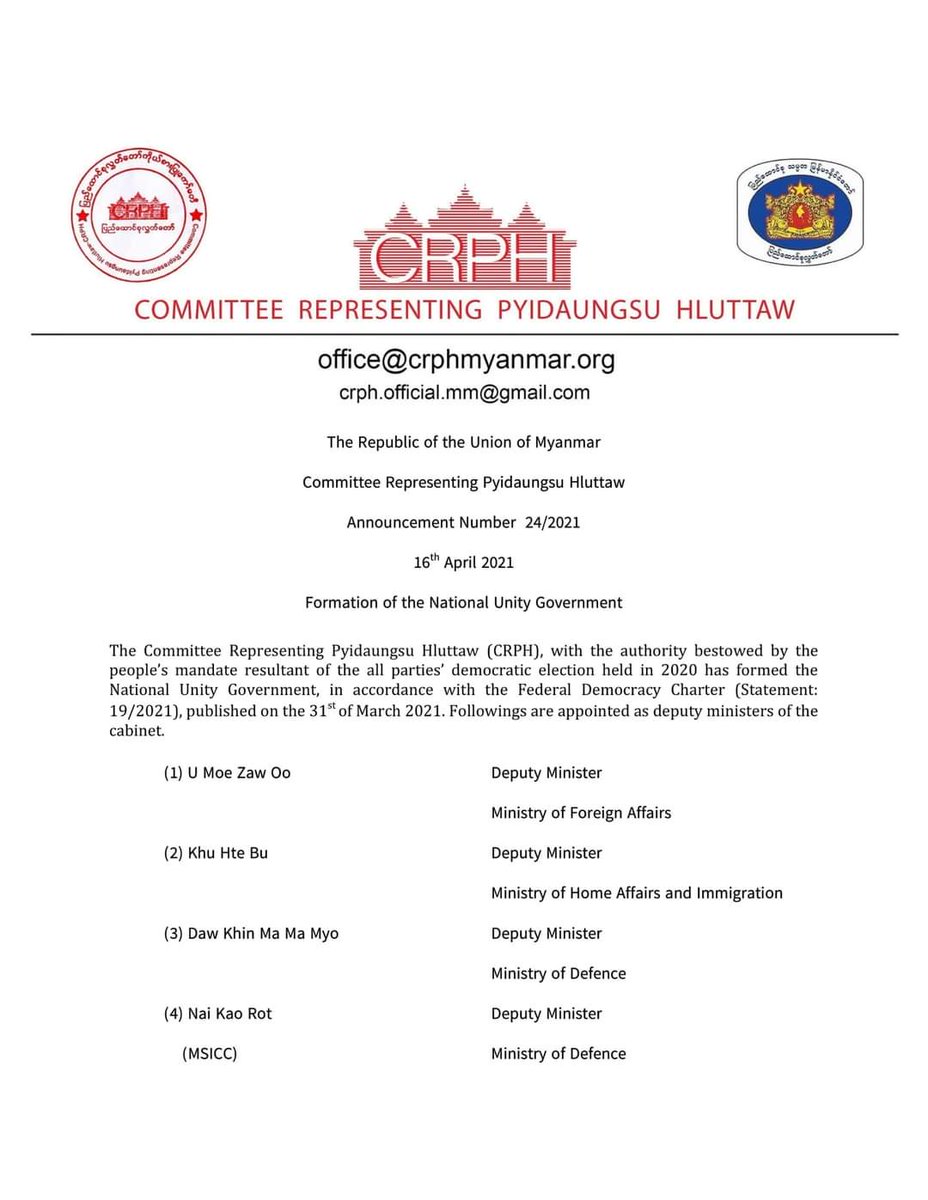 thanlwinkhet's tweet photo. Committee Representing Pyidaungsu Hluttaw (CRPH) released the Formation of the National Unity Government. According to the list, the president of Myanmar is U Win Myint and Daw Aung San Suu Kyi the state councillor, other ethnic leaders in key role of ministries. https://t.co/7F4fN8TL8M