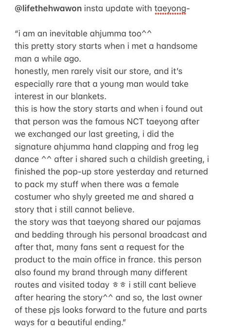 Taeyong clearly left a great impression on the said blanket auntie too, prompting the sore to donate a portion of their profits to an animal shelter because they found out Taeyong loves animals 