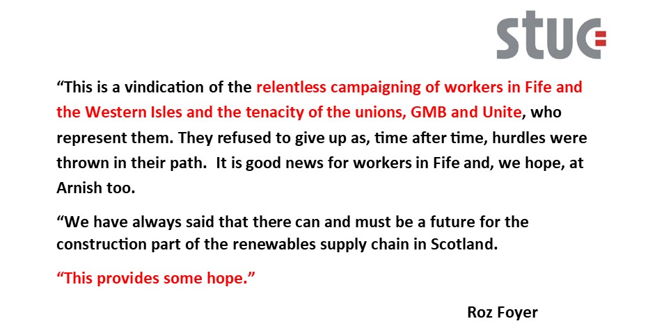 ScottishTUC's tweet image. BREAKING!

8 jackets come to former BiFab yard at Methil creating 300+ jobs.  

Unions have fought against all odds to retain supply chain work in Scotland.

Now we need an industrial strategy and a plan for jobs
#peoplesrecovery

Our full response here 
tinyurl.com/h38hdk7b