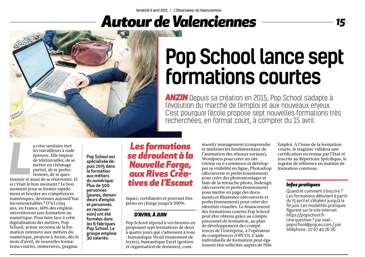 🥳 Après La Voix du Nord, c'est à L'Observateur d'évoquer la nouvelle offre de formations courtes de <a href="/Plus2POPSchool/">POP School</a> qui débarque également à <a href="/Valmetropole/">Valenciennes Agglo</a> !