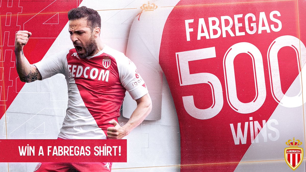 🎁 👕 𝙒𝙄𝙉 a Cesc Fàbregas shirt !

To celebrate <a href="/cesc4official/">Cesc Fàbregas Soler</a>'s 𝟓𝟎𝟎𝐭𝐡 career victory, we're offering a chance to win our Number 4️⃣'s shirt. To enter:

👉 Follow <a href="/AS_Monaco_EN/">AS Monaco EN 🇲🇨</a> 
👉 ❤️ Like this tweet 
👉 🔁 Retweet