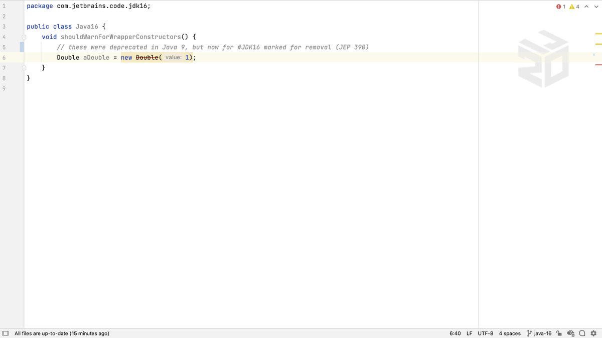 intellijidea's tweet image. #JDK16 has marked the wrapper class constructors for removal, so you&apos;ll see these with a red strikethrough in IntelliJ IDEA. The IDE can automatically replace these with a better approach.

#JDK16 #GettingToKnowIntelliJ