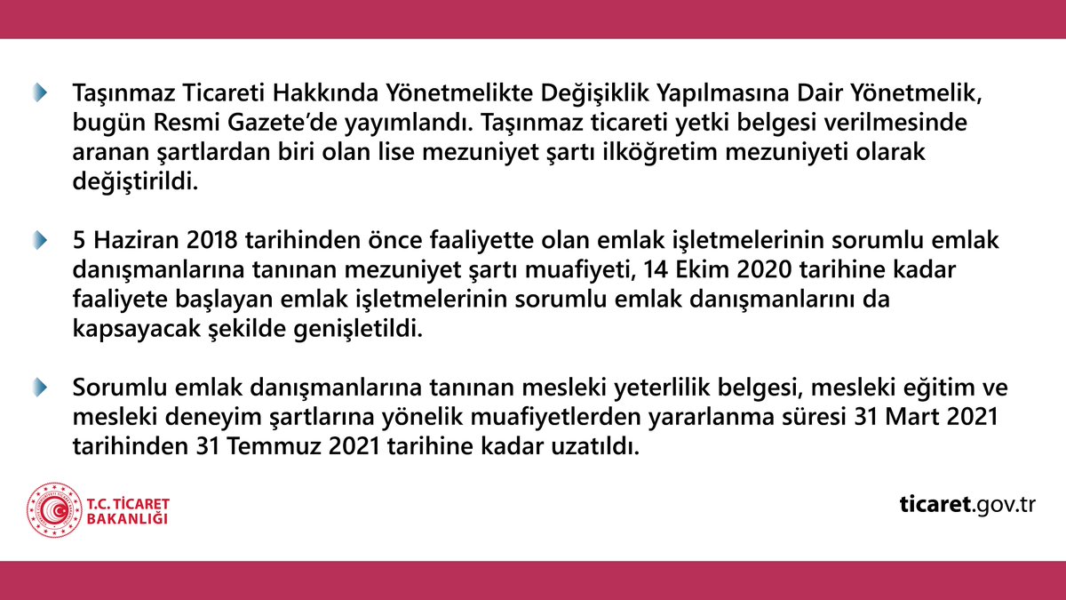 Taşınmaz Ticareti Hakkında Yönetmelikte Değişiklik Yapılmasına Dair Yönetmelik, bugün Resmi Gazete’de yayımlandı.