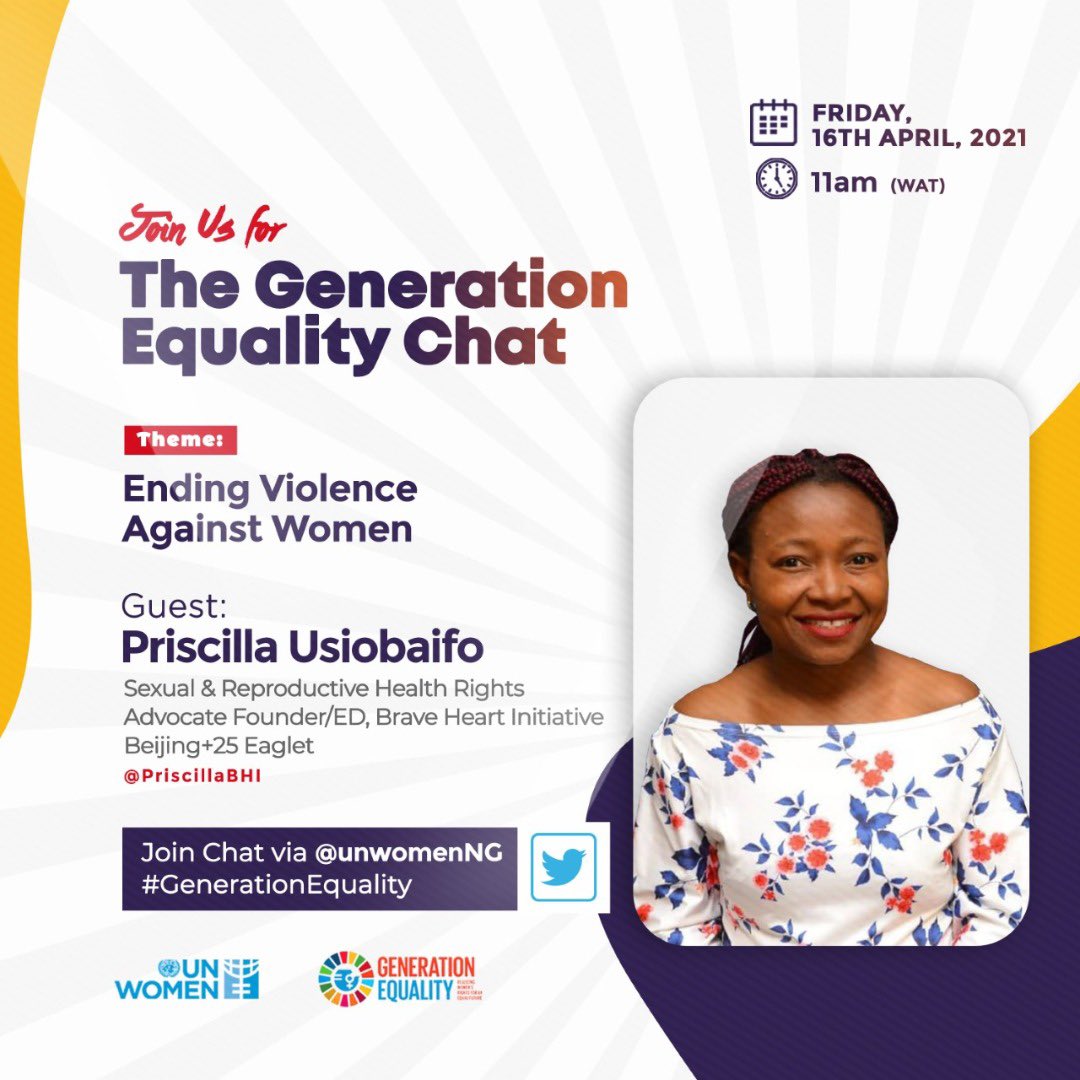 BHInigeria's tweet photo. In less than 2 hours, BraveHeart Initiative's Executive Director @PriscillaBHI will be participating in the #GenerationEquality Chat themed "Ending Violence Against Women".
Will you be joining us at 11 am? Follow @unwomenNG & #GenerationEquality to do so.
#IDeyWithHer
#BHIN https://t.co/fRCZ5GB4II