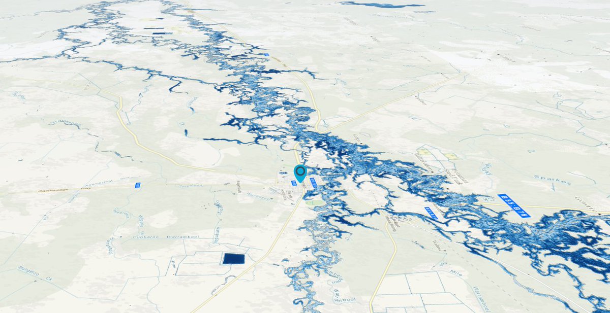 Here's a nice 3D view of the Baaka-Barwon flood at Walgett (marked, looking downstream) on the 7 April, via Geoscience Australia's National Map service: https://nationalmap.gov.au/#share=s-oxdhQJNzhhCfT3iEhD9UQ2aSIGE