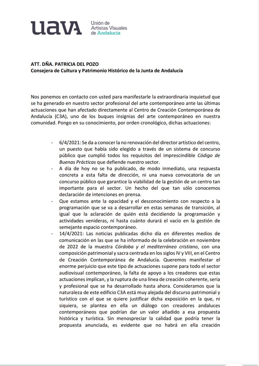 uava_org's tweet photo. olvidando a las personas profesionales que están creando el patrimonio contemporáneo en nuestra comunidad.
Fdo. Marisa Vadillo Rodríguez
Presidenta de Unión de Artistas Visuales de Andalucía (UAVA)
Córdoba, a 15 de abril de 2021.
@Patricia_Pozo_  @uava_org https://t.co/JqEfgXzNjX