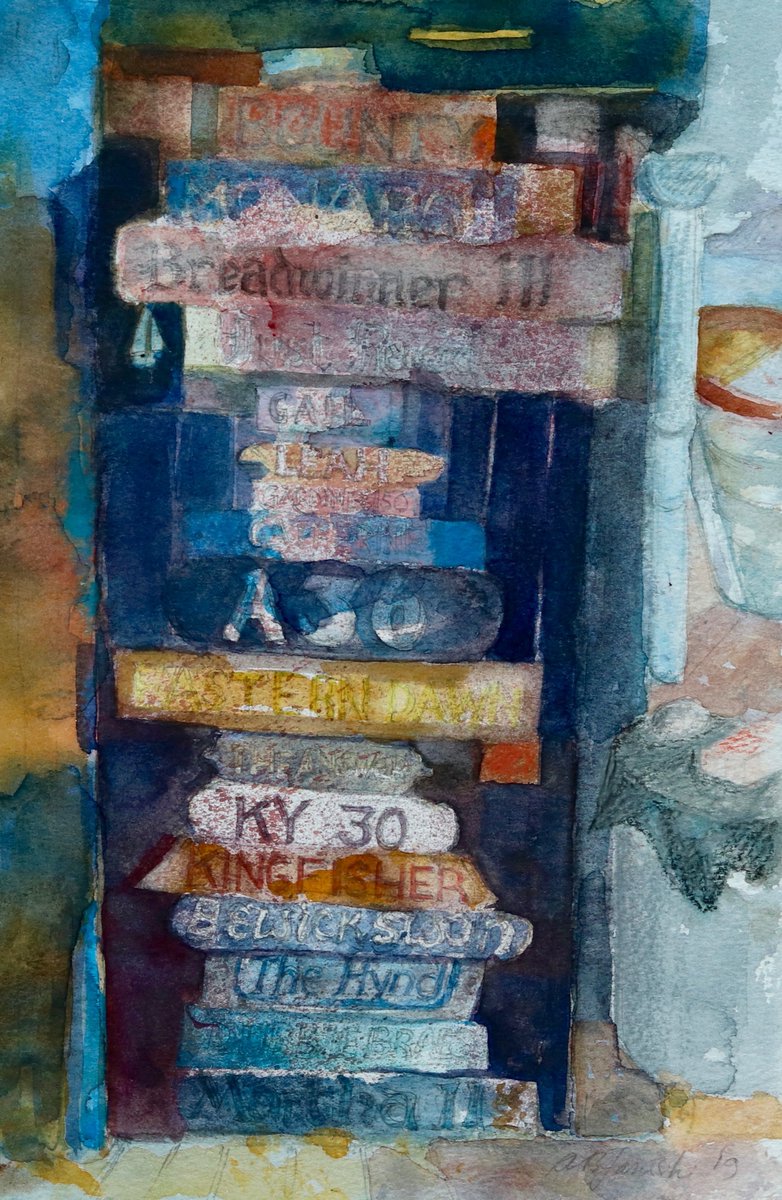 Alf Jasinki's 'Lost Boats' was inspired by the old boat shed in Dysart, Fife. Alf says: 'I lived in Dysart for nearly 30 years and enjoyed walks on the coastal path. I was fascinated to find the old nameplates of boats I had once seen in use.' ow.ly/FTgd50Emtch