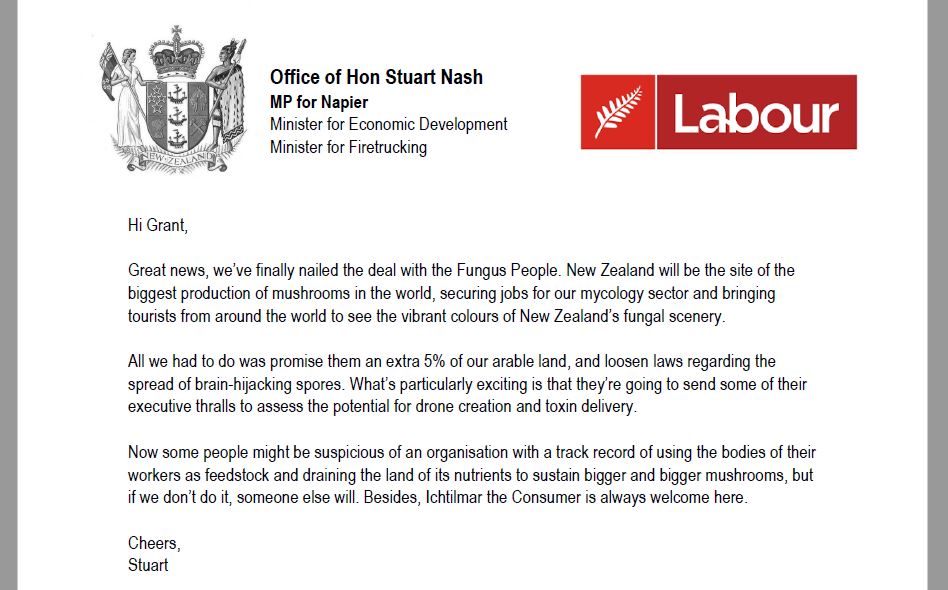 BeehiveLetters's tweet photo. Stuart Nash to Grant Robertson
RE: Deal with the Fungus People
#nzpol #satire https://t.co/MLqvoAWS9u