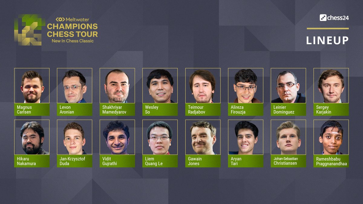 chess24com's tweet photo. The #NewInChess Classic starts April 24th!
https://t.co/HLDvObunkJ

@MagnusCarlsen 
@LevAronian 
@Shakhmamedyarov 
So
@rajachess 
@AlirezaFirouzja 
@chessleinier 
@SergeyKaryakin 
@GMHikaru 
@GM_JKDuda 
@viditchess 
Le
@GMGawain 
@aryan_tari 
@GMJSChr 
@rpragchess 

#ChessChamps https://t.co/RKvHj0zlE8