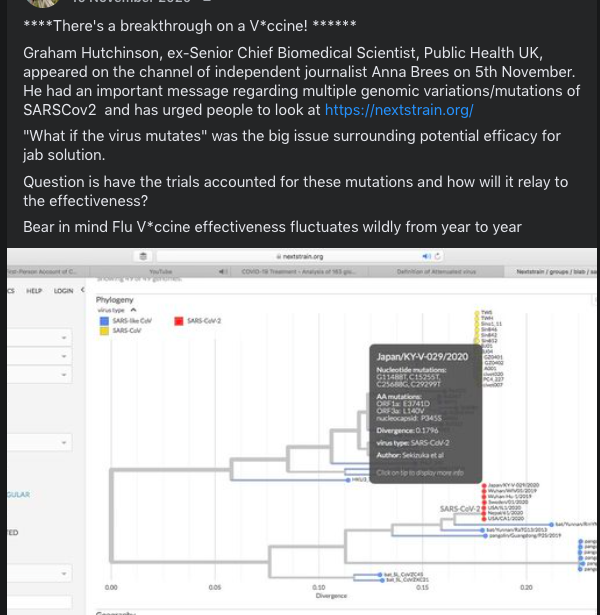 weare_spartan's tweet photo. A timeline on #Covid19 variants & Vaccines (UK)
5th Nov: I posted on FB relating to #GrahamHutchinson informative video on #BreesMedia relating to him pointing out strains/mutations been occurring and potential for attenuation.
No one cared about variants/strains at this point. https://t.co/Ljcmh7I1ZY