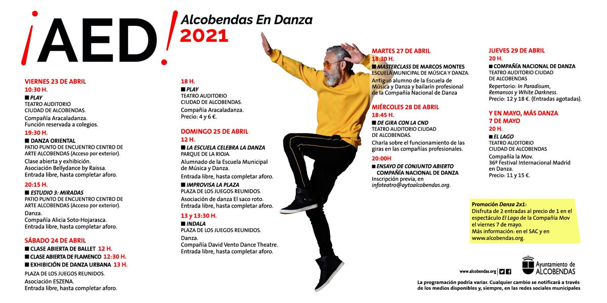 El 29 de abril celebramos en todo el mundo el Día Internacional de la Danza🩰

El @ALCBDS_Ayto, a través del Patronato Sociocultural y su servicio de Artes Escénicas y Música, busca poner en valor esta fecha con un programa de actividades especial ⬇️

#AlcobendasCultura
