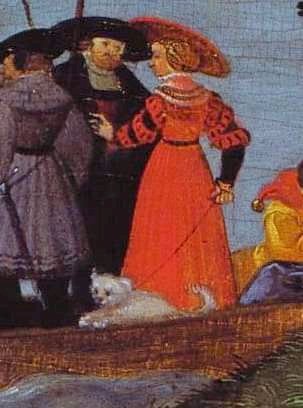 #NationalPetMonth A keen Melitian dog (i.e small, white and fluffy), carefully secured on a leash goes for a boat trip in a detail of Cranach the Elder's "The Stag Hunt" in  @burrellcollect
