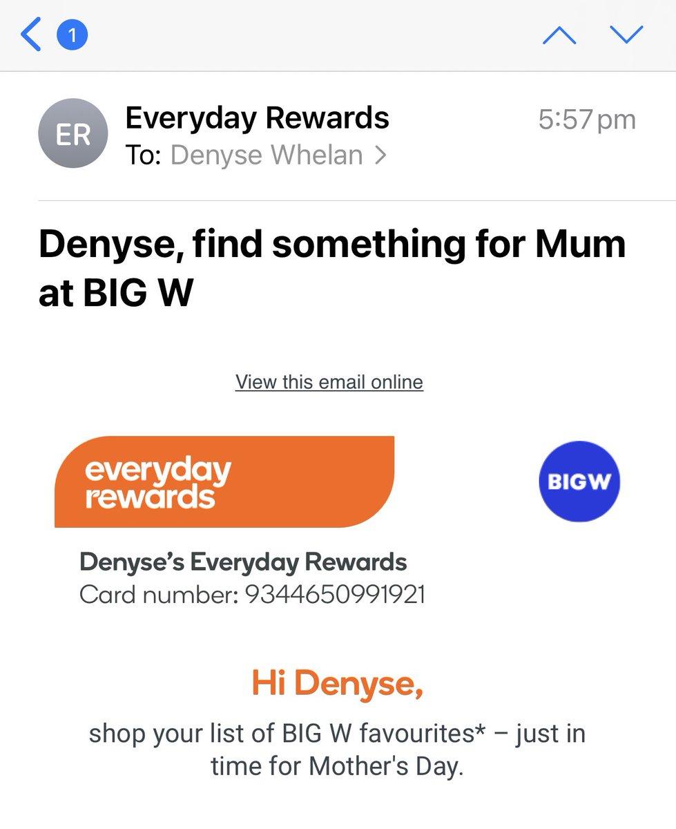 DenyseWhelan1's tweet photo. #MothersDay of course retailers want our $$ but this, today from @woolworths #bigW via my loyalty card was offensive, not thought out at all. My mother died over 14 yrs ago. Where is your notion of #sensitivity #everydayrewards https://t.co/8itSu88fkb