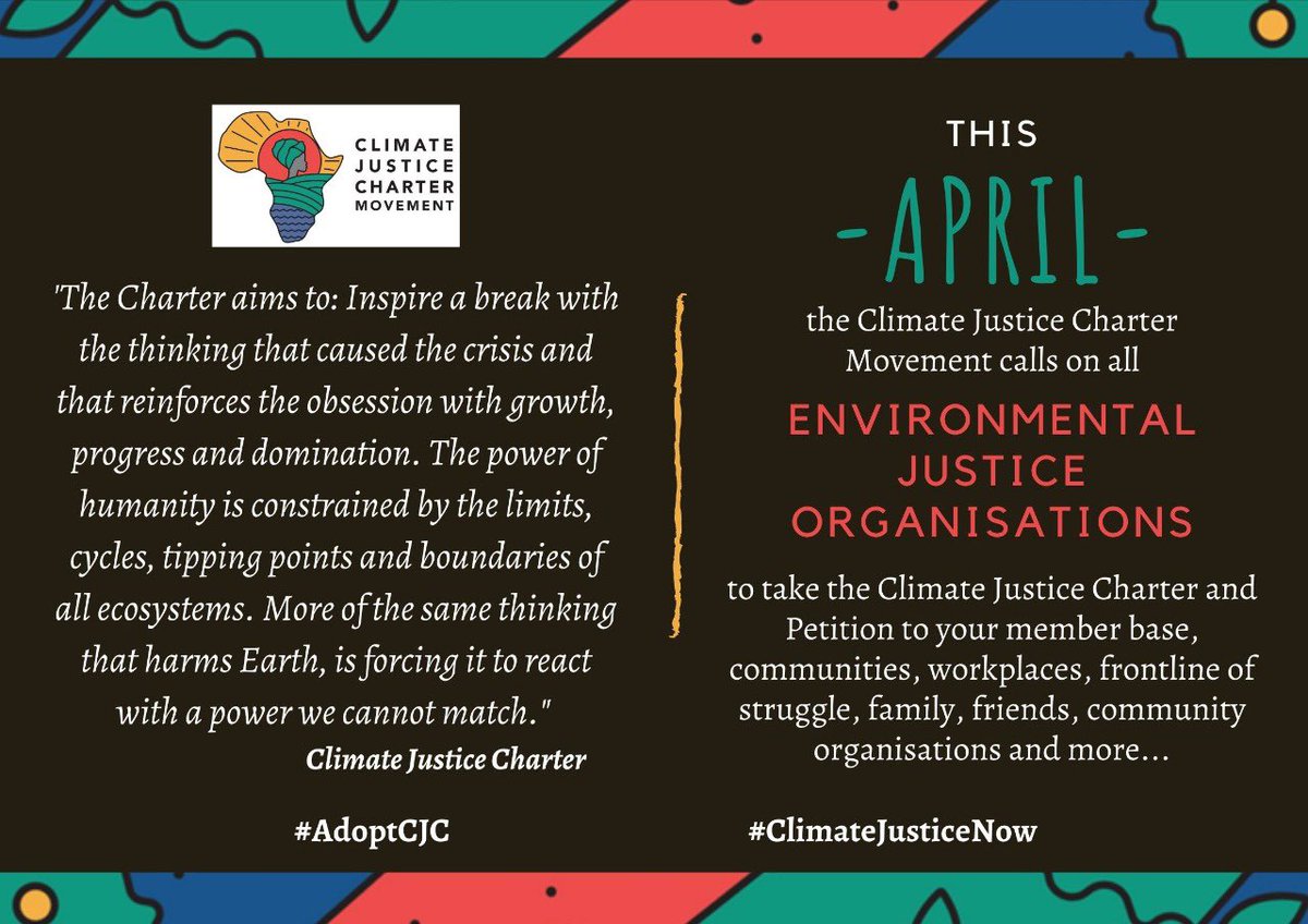 CJCharterSA's tweet photo. This April, the Climate Justice Charter Movement calls on all Environmental Justice Organisations to help advance the Climate Justice Charter and Petition #AdoptCJC #ClimateJusticeNow https://t.co/Z7J0o1IqFg