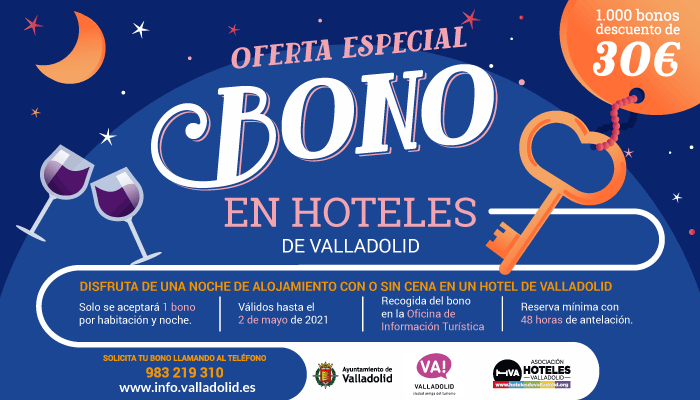 infoVLL's tweet photo. Tómate un merecido fin de semana de relax en #Valladolid😍

El @AyuntamientoVLL y @valladolidhotel tienen en marcha una campaña de bonos de descuento para que los castellano y leoneses puedan disfrutar de experiencias en hoteles de la capital 🛌

Más info🔗https://t.co/c2Y1cuboWT https://t.co/DaG9fS87MF