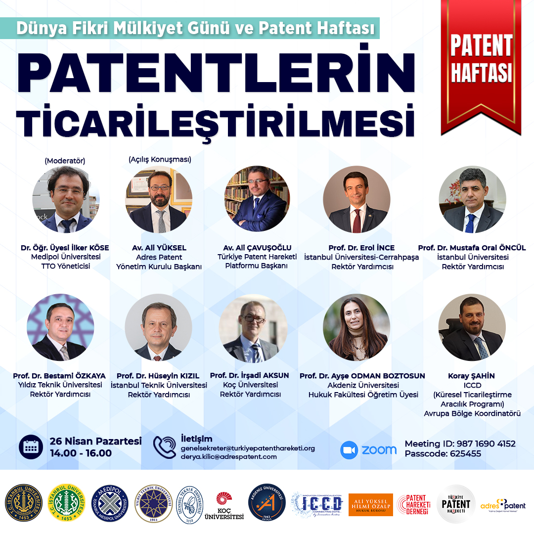 📢 26 Nisan Pazartesi günü 14.00 - 16.00 saatleri arasında Dünya #FikriMülkiyetGünü ve #Patent Haftası kapsamında gerçekleştireceğimiz 'Patentlerin Ticarileşmesi' konulu online etkinliğimize davetlisiniz.

Kayıt İçin: forms.gle/QHUEM1cZ7ZQiqz…