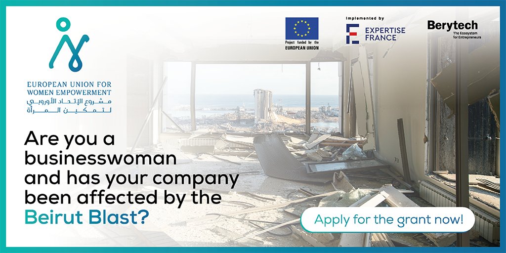 expertisefrance's tweet photo. Through the EU-funded #EU4WE project, @berytech
 joined @expertisefrance to support #women-led or women-owned businesses affected by the #BeirutBlast 🇱🇧

👉 Apply to benefit from a cash grant &amp; advanced training sessions on crisis management: https://t.co/cWfzRIqFNx https://t.co/5JJxu4P7kl