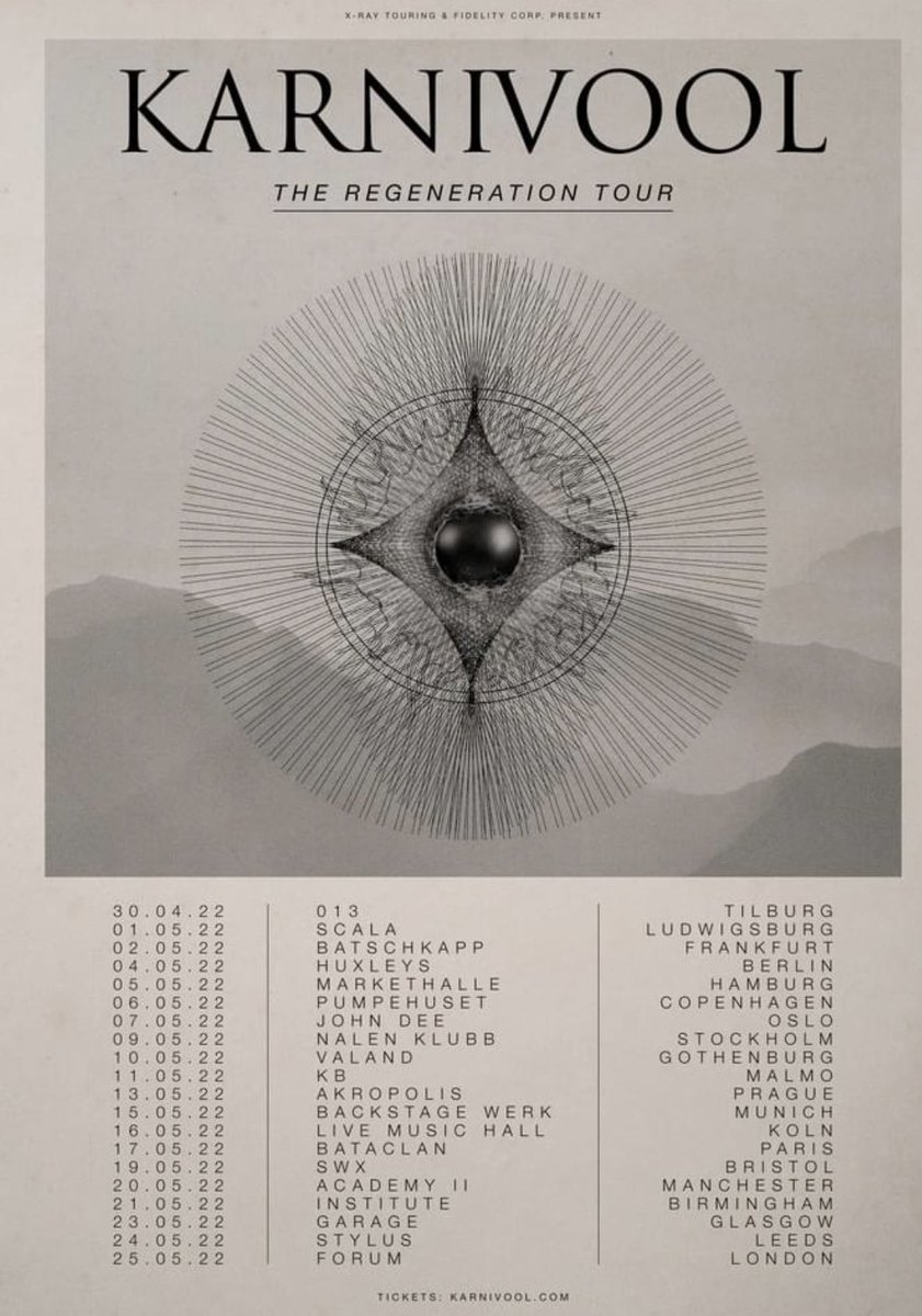 karnivool's tweet photo. Like almost every other band in these screwball times, we have been forced to move the forthcoming Regeneration Tour of Europe into 2022. All original shows have been moved into the new run and, you may be shocked to learn, all tickets remain valid.
News on the livestream shortly https://t.co/wmdR2rqjD4