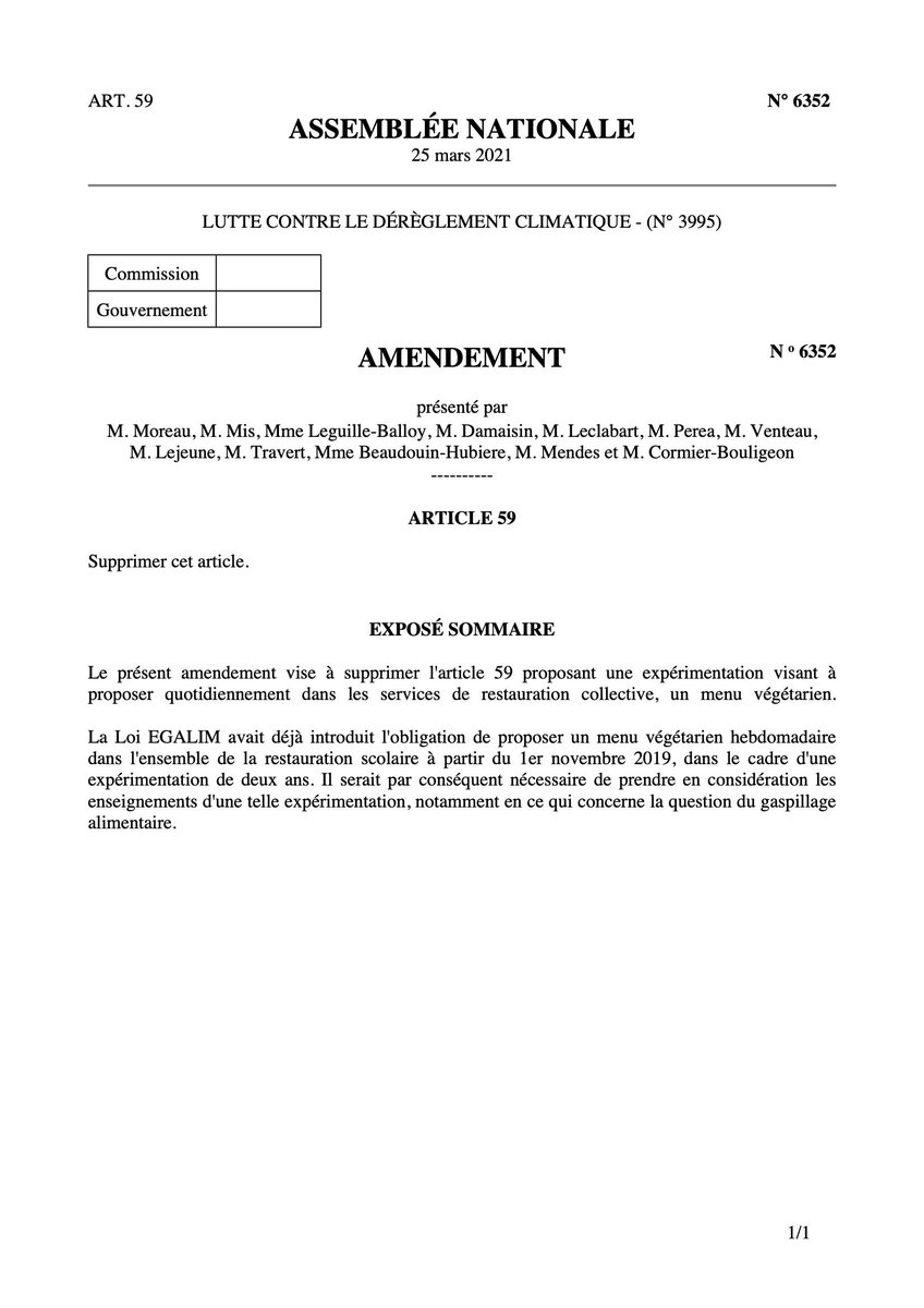 L214's tweet photo. Plusieurs députés se mobilisent contre les options végétariennes 🤯 (qq ex. sur les 15 amendements 👇!)
Juste laisser le choix, c'est déjà bien trop pour eux...

Chère @AssembleeNat nous comptons sur toi pour agir pour le climat en amenant #PlusDeVégé dans les menus!
#LoiClimat https://t.co/j1NZDLiqUf