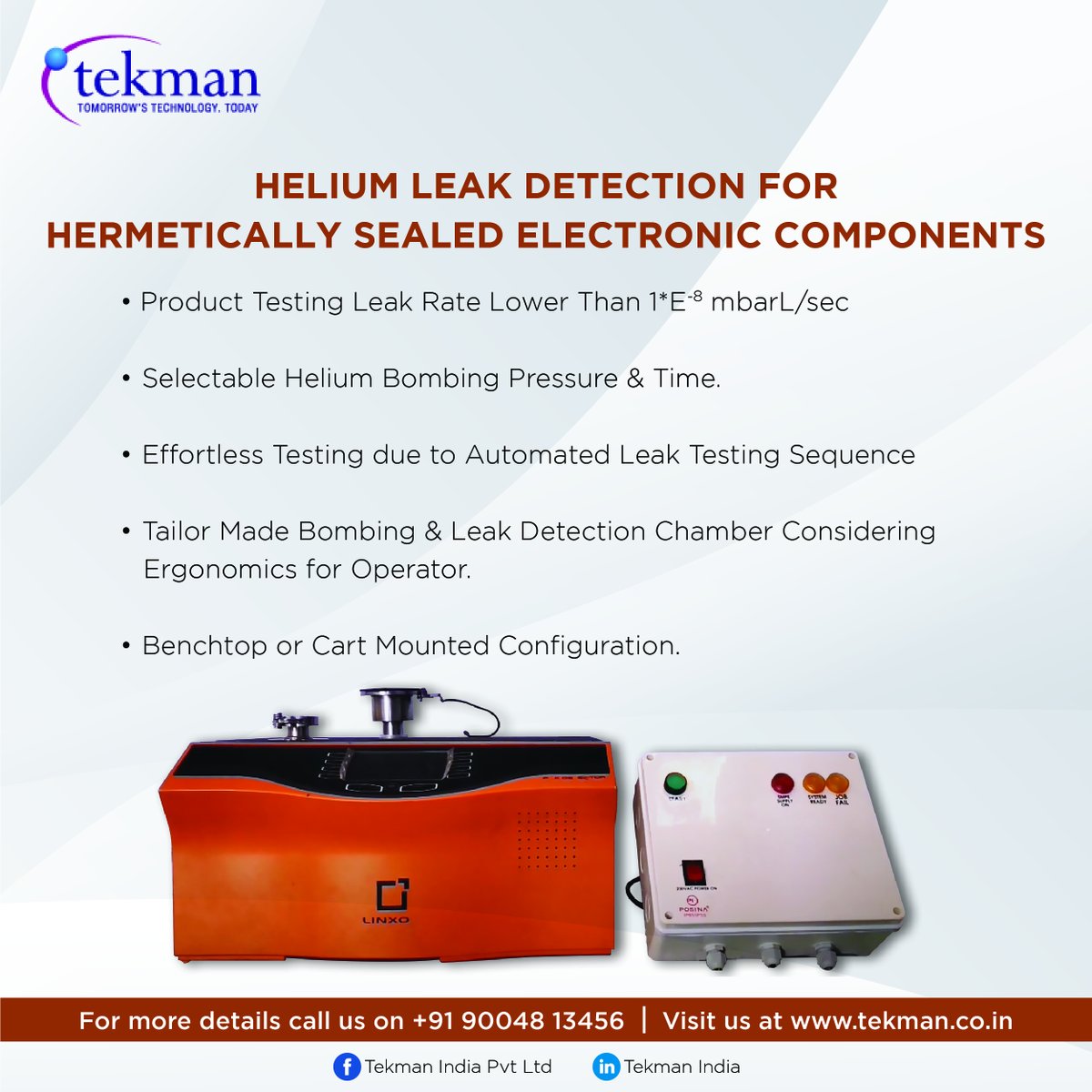 TekmanIndia's tweet image. One-Stop Solution for Helium Leak Detection for Hermetically Sealed Electronic Components.

For inquiry contact +91 90048 13456 or email us at info@tekman.co.in
Visit: bit.ly/39VjEIl

#HeliumLeakDetection #LeakDetector #LeakDetect #electroniccomponents #IndustrialProduct